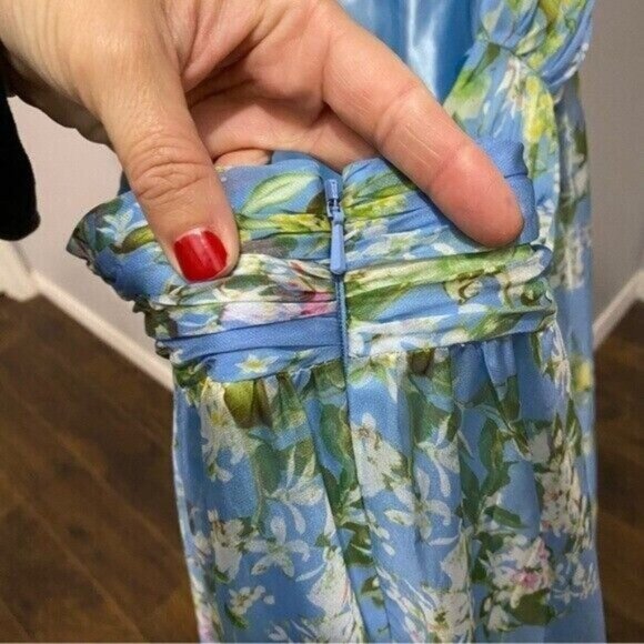 Ieena Mac Duggal Ruffle Tiered Floral Cutout Chiffon Gown 10 Blue Lace Up - Picture 7 of 9